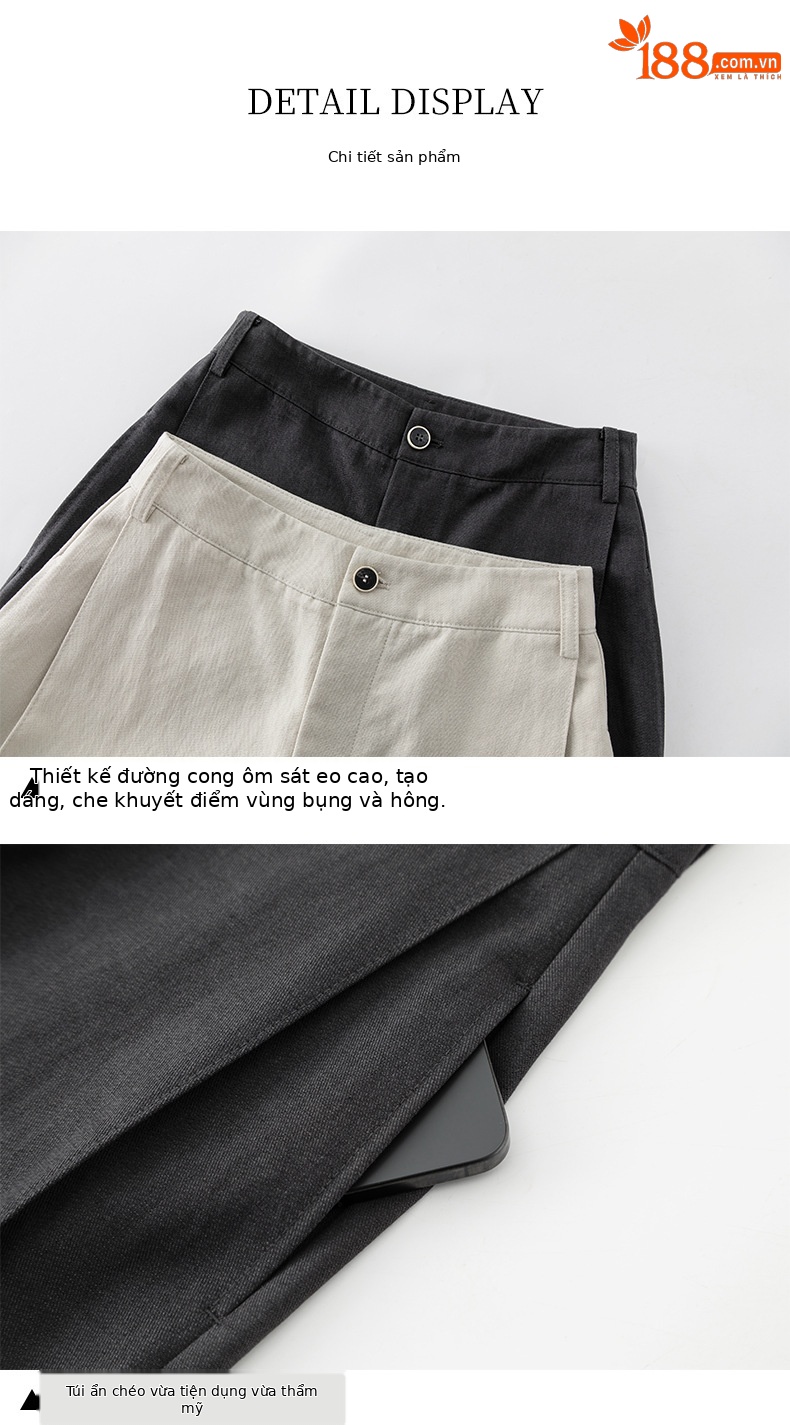 Quần culottes nữ ống rộng cạp cao chất liệu Tencel cotton, dáng suông rủ nhẹ — Xám gạo chi tiết 16