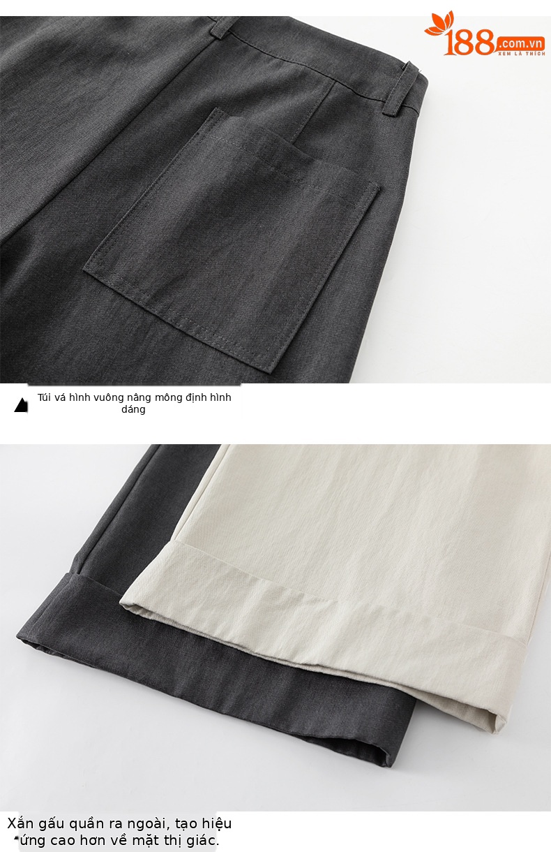 Quần culottes nữ ống rộng cạp cao chất liệu Tencel cotton, dáng suông rủ nhẹ — Xám gạo chi tiết 18