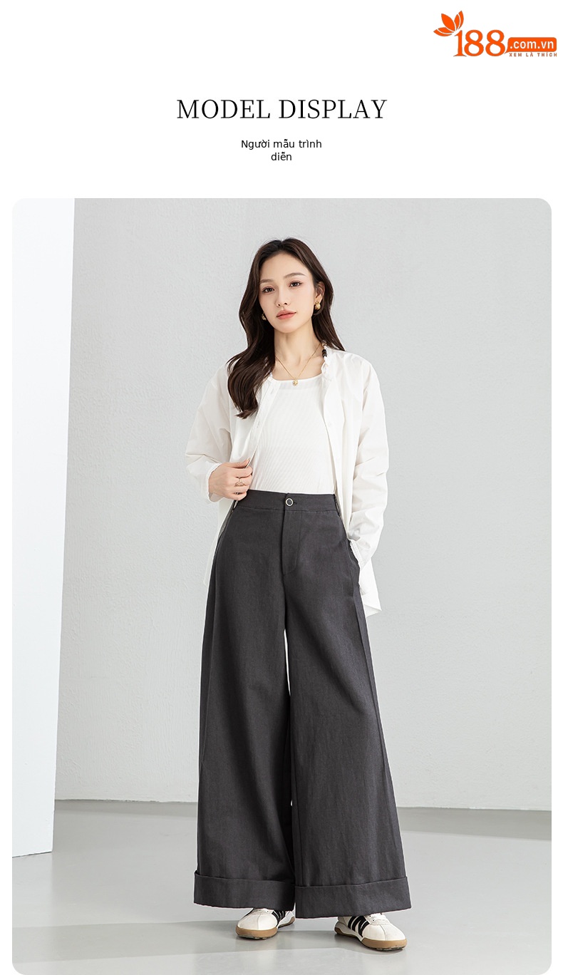 Quần culottes nữ ống rộng cạp cao chất liệu Tencel cotton, dáng suông rủ nhẹ — Xám gạo chi tiết 20