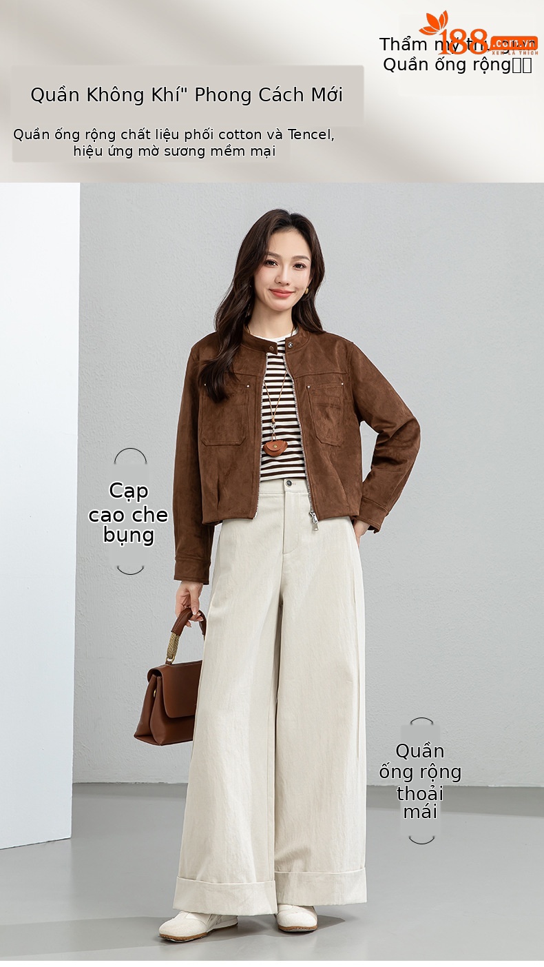 Quần culottes nữ ống rộng cạp cao chất liệu Tencel cotton, dáng suông rủ nhẹ — Xám gạo chi tiết 1
