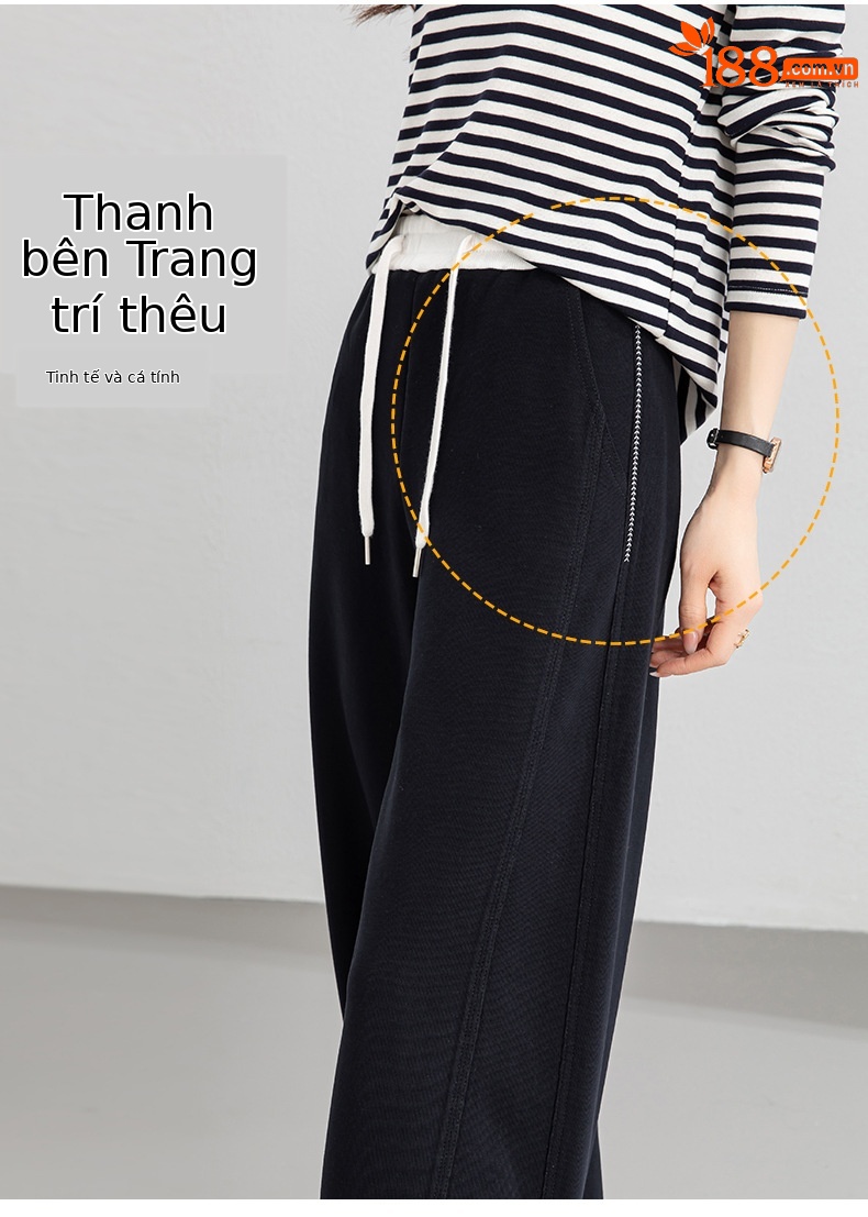 Quần thể thao nữ ống rộng dáng suông rút dây phong cách Mỹ — màu xanh navy chi tiết 9