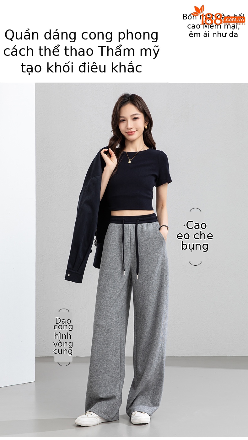 Quần thể thao nữ ống rộng dáng suông rút dây phong cách Mỹ — màu xanh navy chi tiết 1