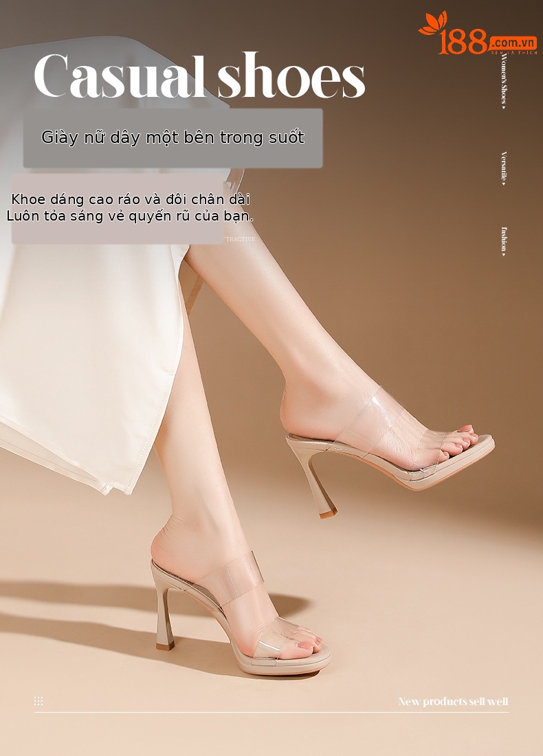 Sandal cao gót nữ mũi tròn quai ngang trong suốt, đế platform, gót 13 cm — Màu da-13cm chi tiết 1