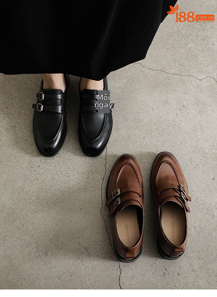 Giày da bò nữ mũi tròn bít kiểu loafer cổ điển màu nâu — màu nâu chi tiết 7