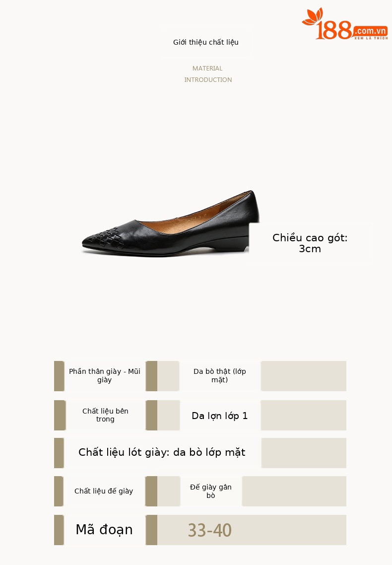 Giày da bò dệt mũi nhọn gót thấp 3 cm phong cách Hàn Quốc — màu nâu chi tiết 3