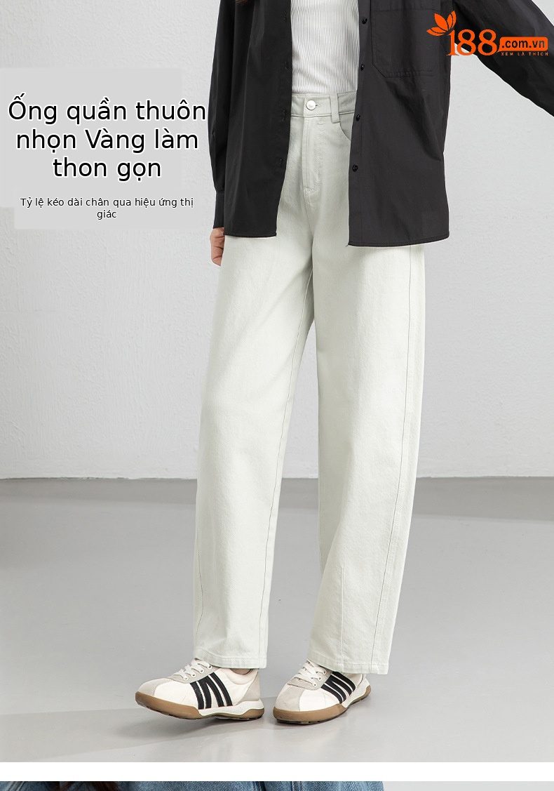 Quần jean nữ ống rộng cạp cao dáng suông vải denim wash nhẹ — Tên chi tiết 12