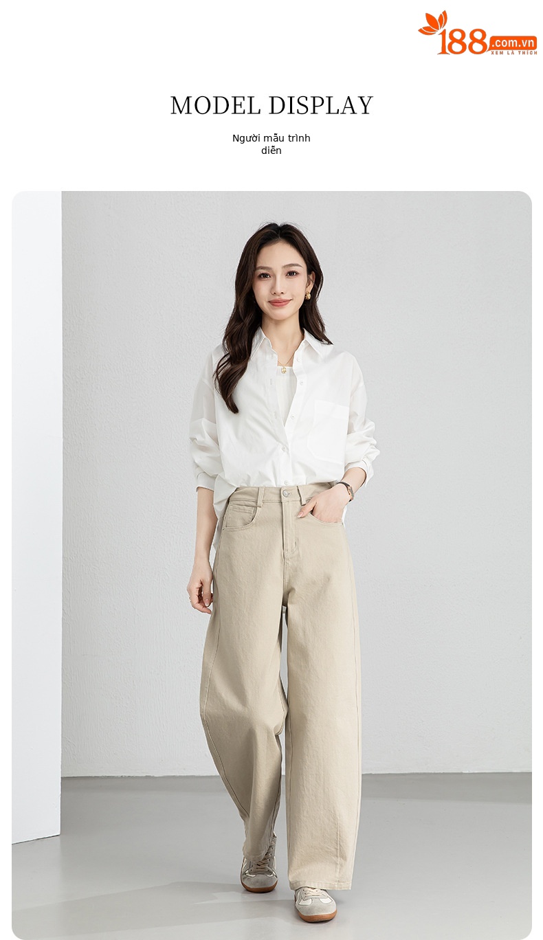 Quần jean nữ ống rộng cạp cao dáng suông vải denim wash nhẹ — Tên chi tiết 18