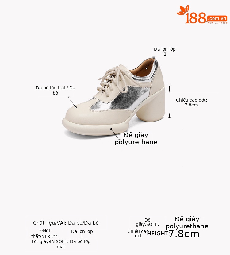 Giày cao gót nữ mũi vuông da bò, gót thô ổn định, dây buộc phối màu, size lớn đến 41 — Trắng kem - Da bò chi tiết 2