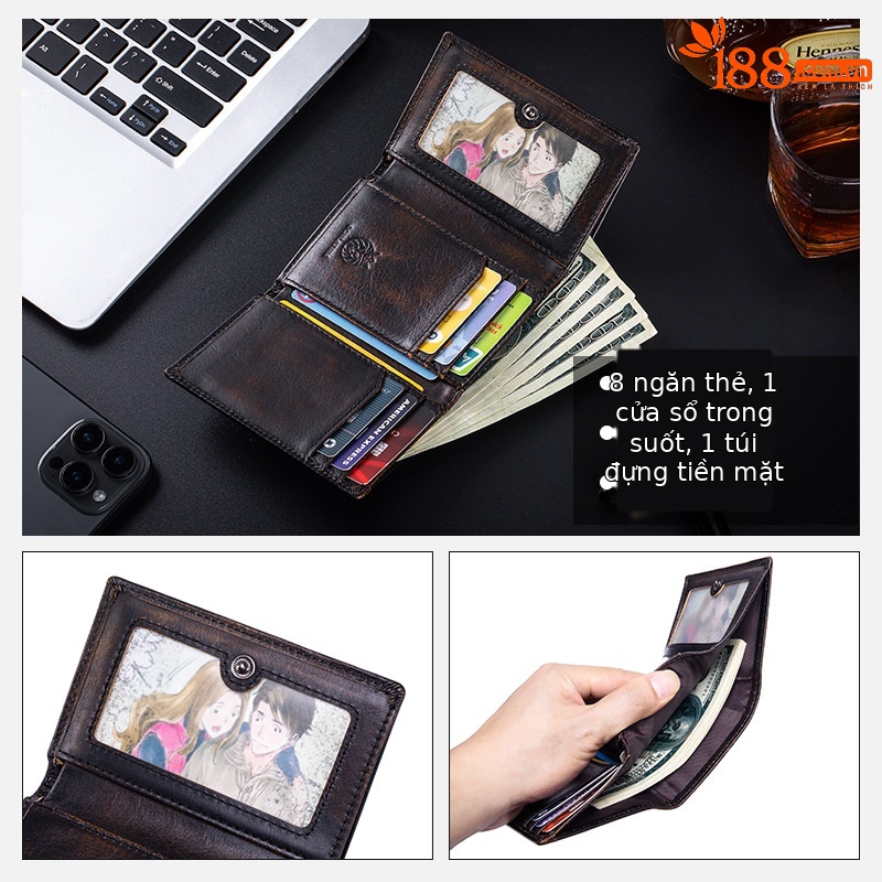 Ví nam da bò gập ba chống trộm RFID phong cách cổ điển — Nâu cà phê - phai màu, Nâu cà phê, Đen, Nâu ngựa hoang