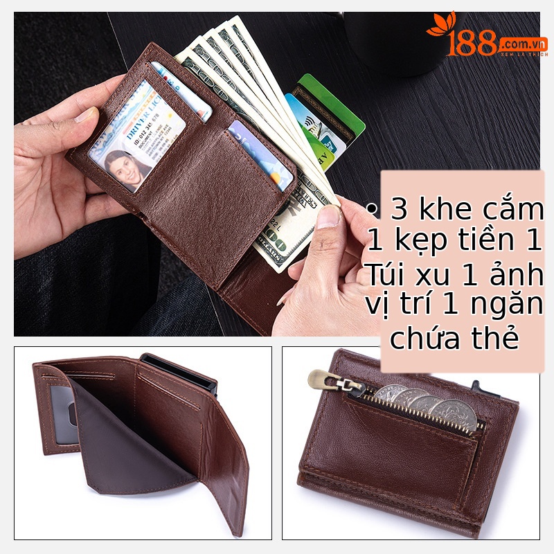 Ví nam gập mini da bò thật chống trộm RFID ba khúc — Đỏ nâu, Đen, Cà phê - Ngựa điên