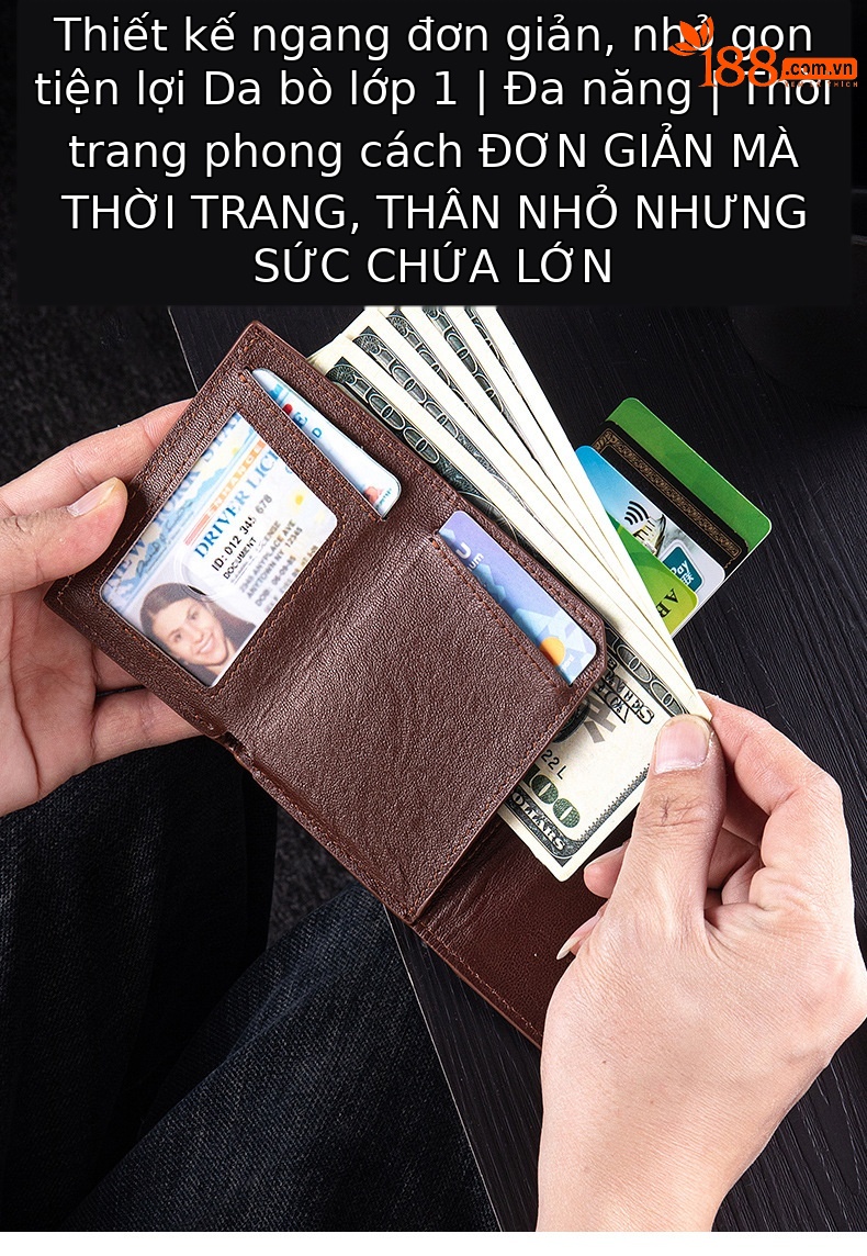 Ví nam gập mini da bò thật chống trộm RFID ba khúc — Đỏ nâu, Đen, Cà phê - Ngựa điên chi tiết 2