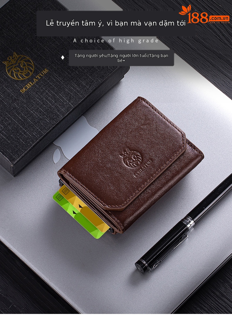Ví nam gập mini da bò thật chống trộm RFID ba khúc — Đỏ nâu, Đen, Cà phê - Ngựa điên chi tiết 3