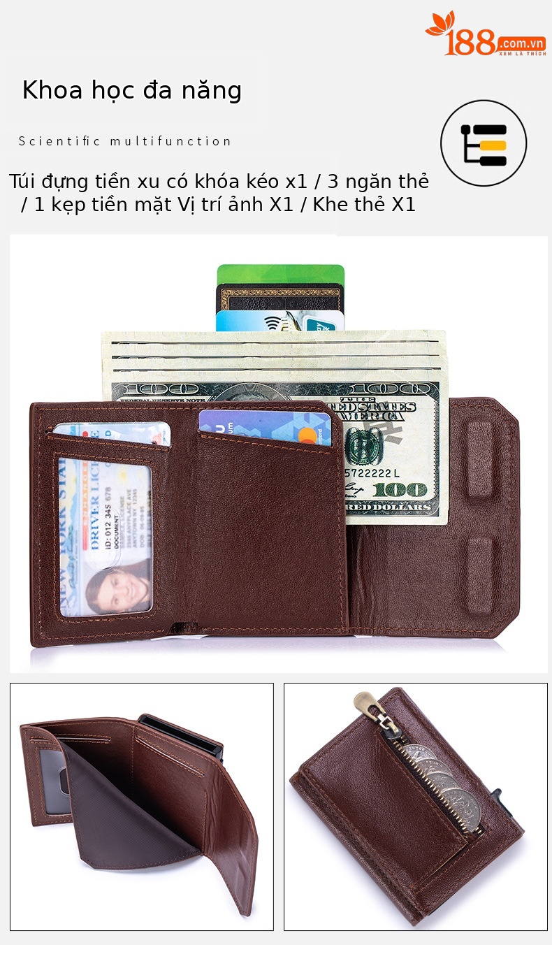 Ví nam gập mini da bò thật chống trộm RFID ba khúc — Đỏ nâu, Đen, Cà phê - Ngựa điên chi tiết 6