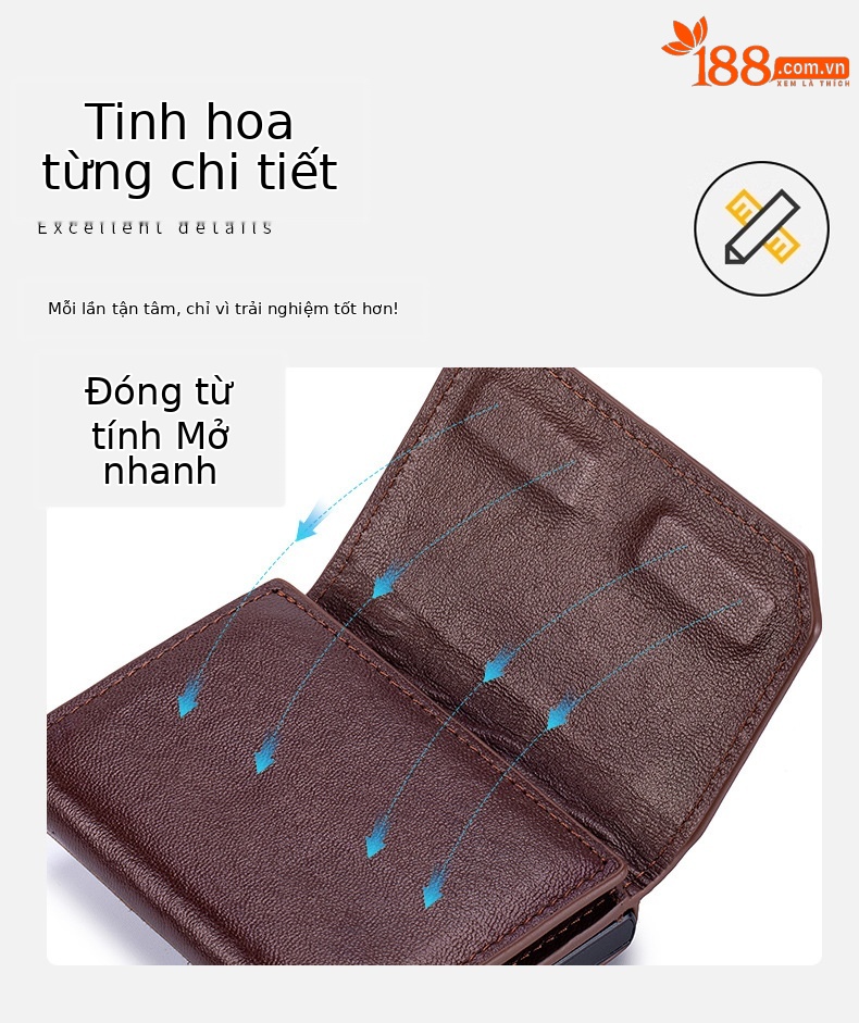 Ví nam gập mini da bò thật chống trộm RFID ba khúc — Đỏ nâu, Đen, Cà phê - Ngựa điên chi tiết 8