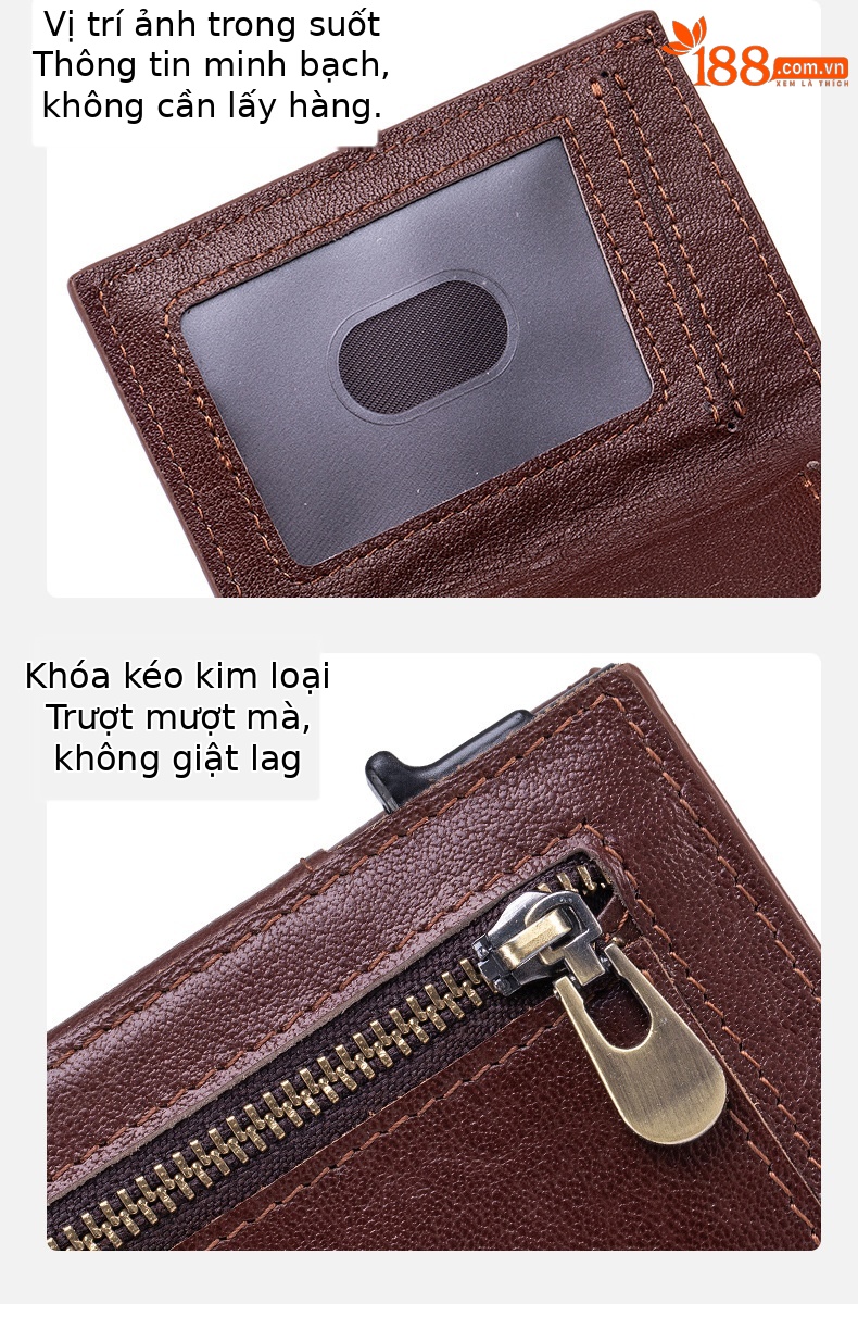 Ví nam gập mini da bò thật chống trộm RFID ba khúc — Đỏ nâu, Đen, Cà phê - Ngựa điên chi tiết 9