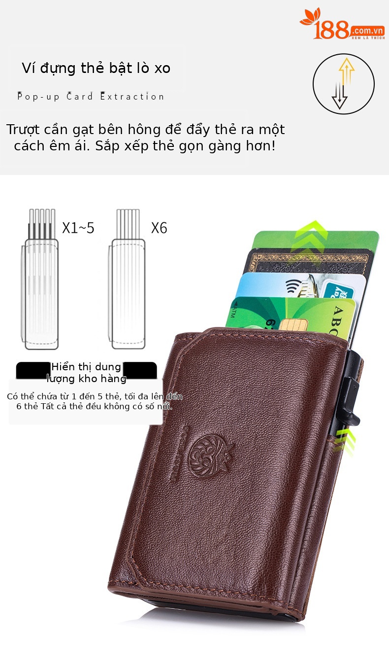 Ví nam gập mini da bò thật chống trộm RFID ba khúc — Đỏ nâu, Đen, Cà phê - Ngựa điên chi tiết 4