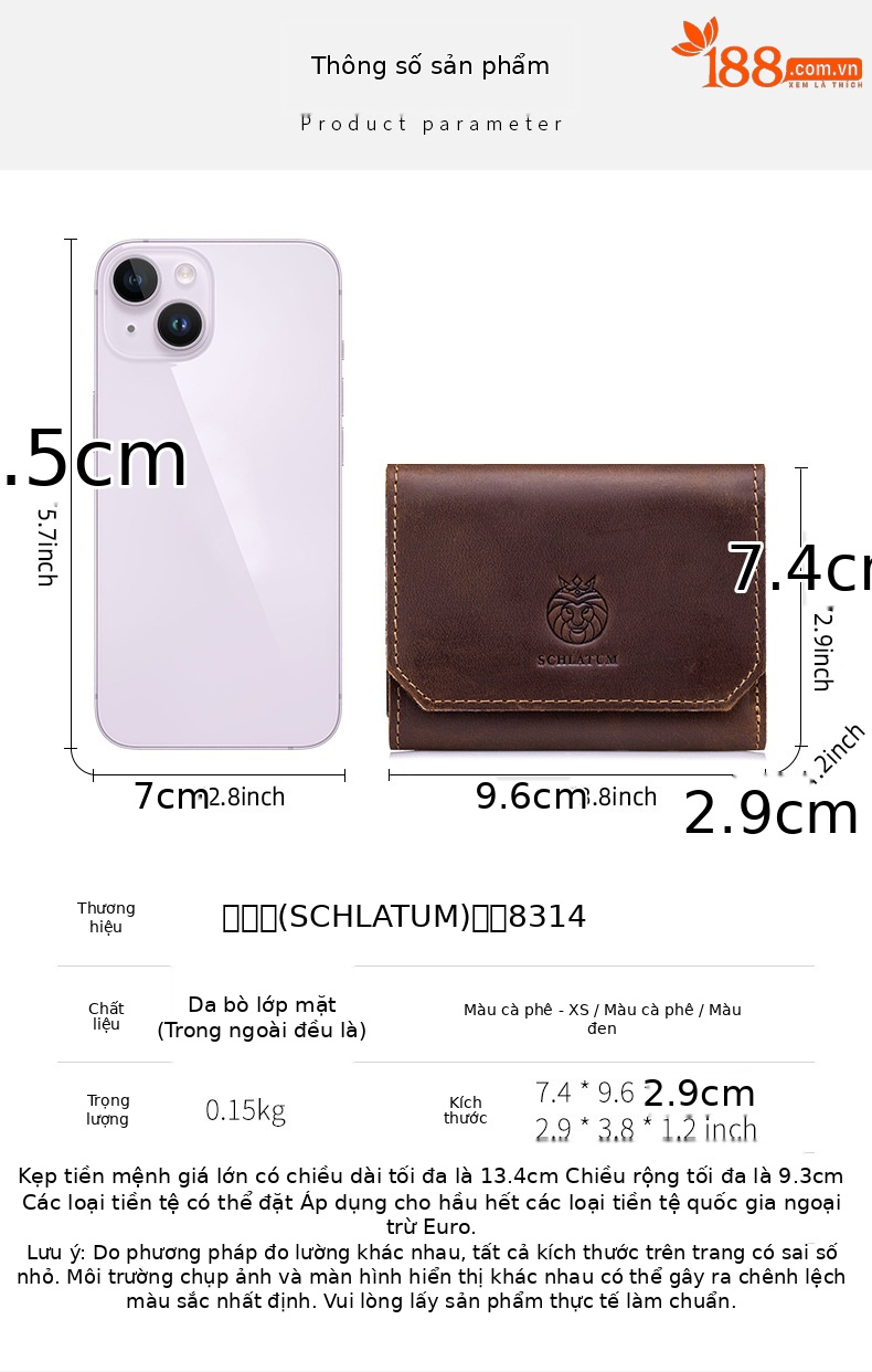 Ví nam gập mini da bò thật chống trộm RFID ba khúc — Đỏ nâu, Đen, Cà phê - Ngựa điên chi tiết 7