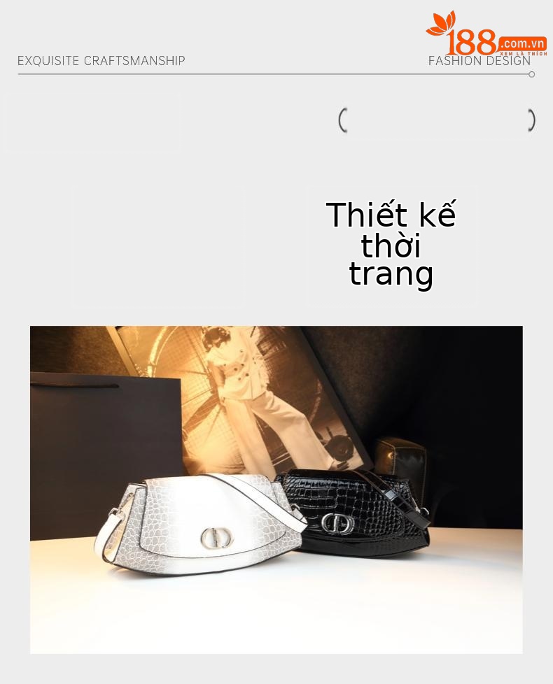 Túi đeo chéo nữ da cá sấu dáng nách thời trang — Himalaya trắng, đen chi tiết 4