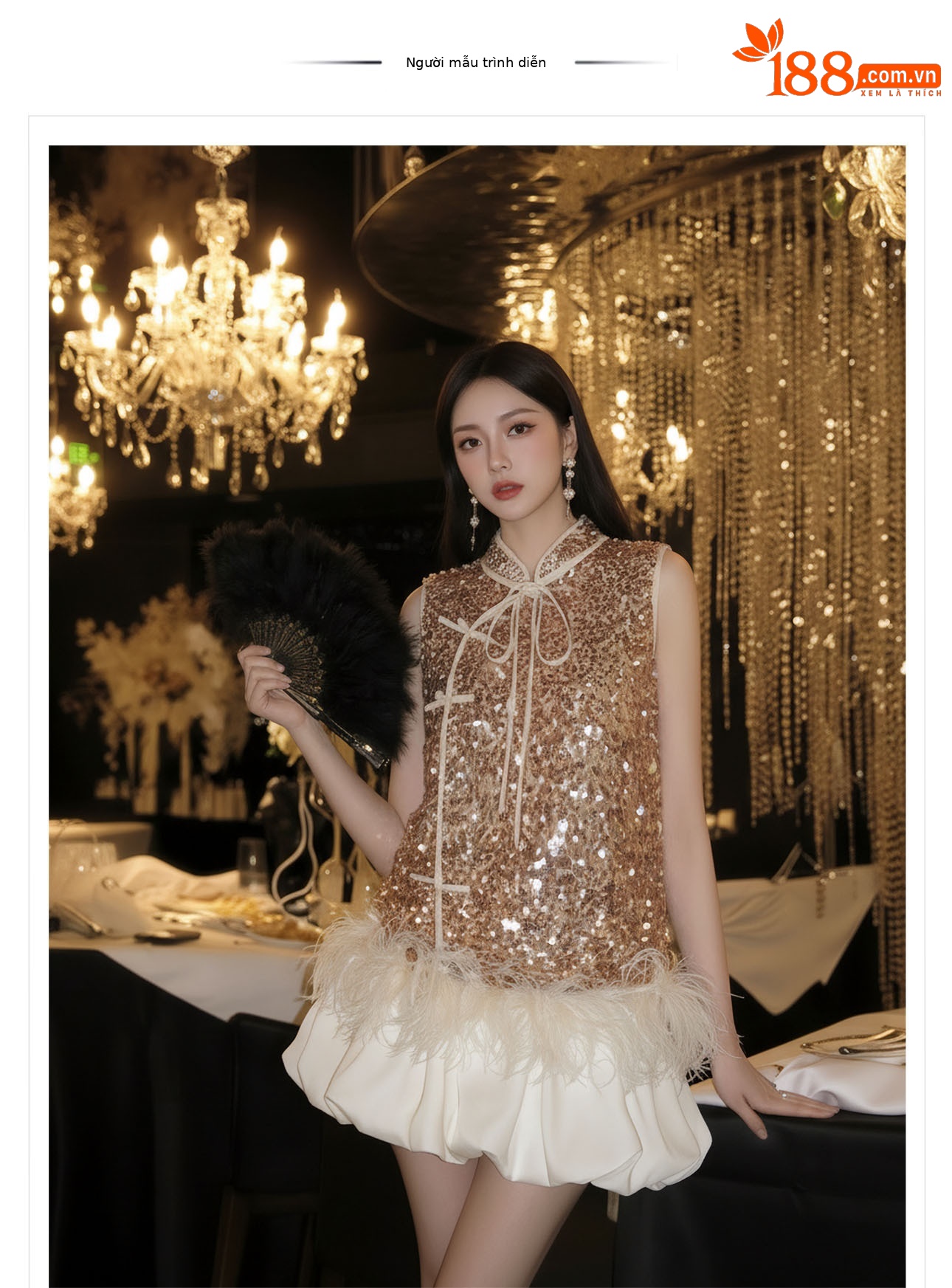 Bộ áo khoác không tay kết hợp váy ngắn phong cách tân cổ điển, đính lông đà điểu và sequin — Lạc đà [Áo khoác không tay], Mơ [Váy ngắn] chi tiết 1