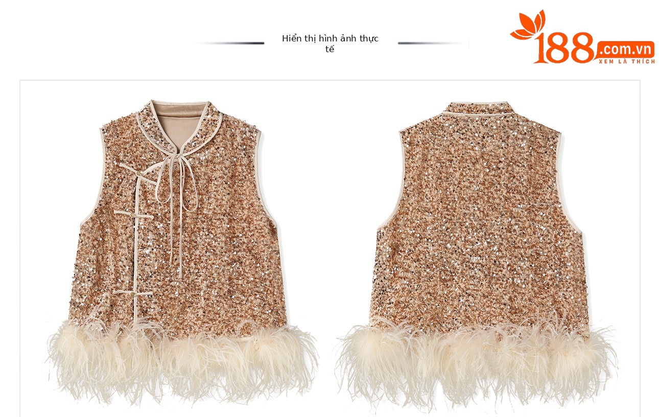 Bộ áo khoác không tay kết hợp váy ngắn phong cách tân cổ điển, đính lông đà điểu và sequin — Lạc đà [Áo khoác không tay], Mơ [Váy ngắn] chi tiết 22