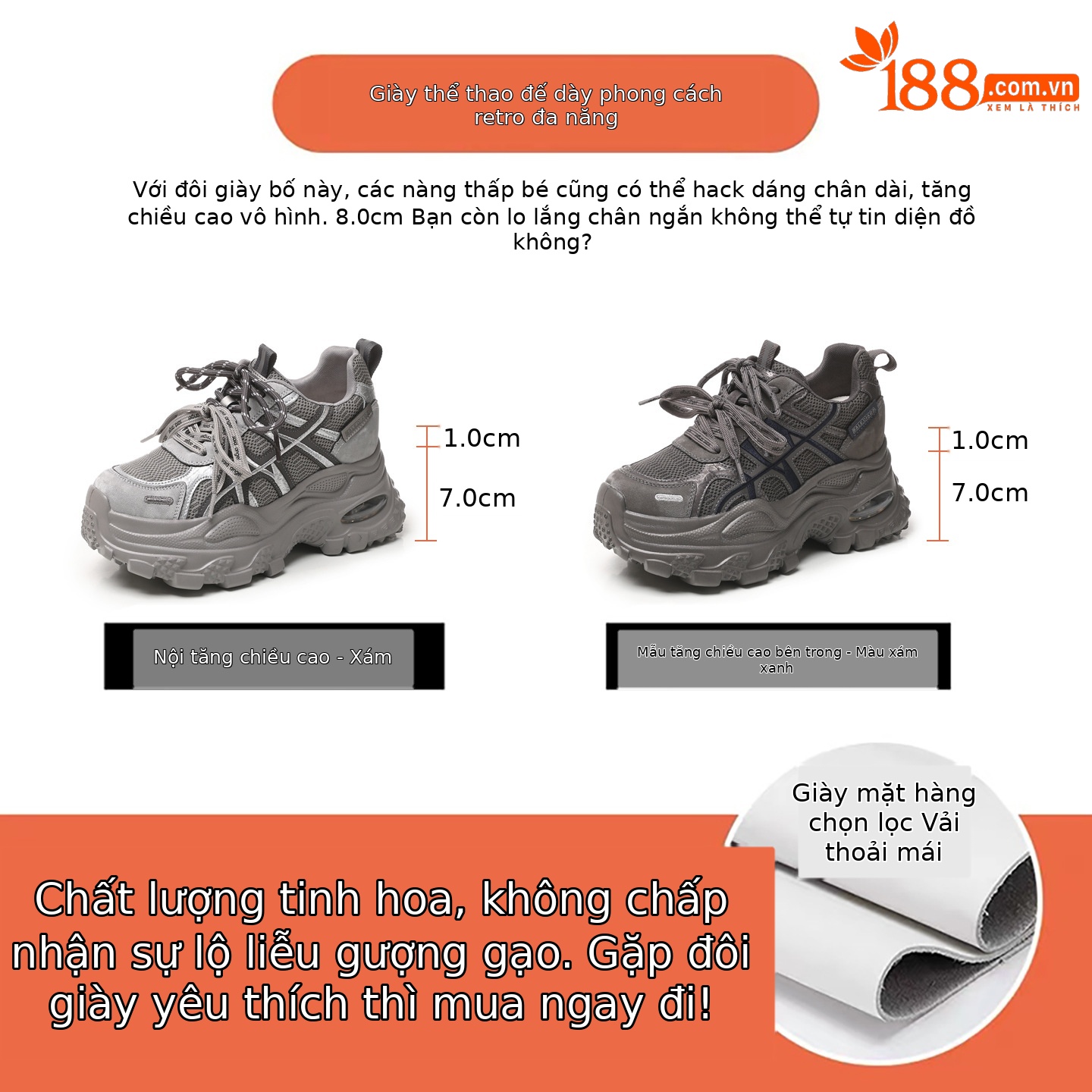 Giày sneaker nữ đế dày tăng chiều cao lưới thoáng khí — xám xanh