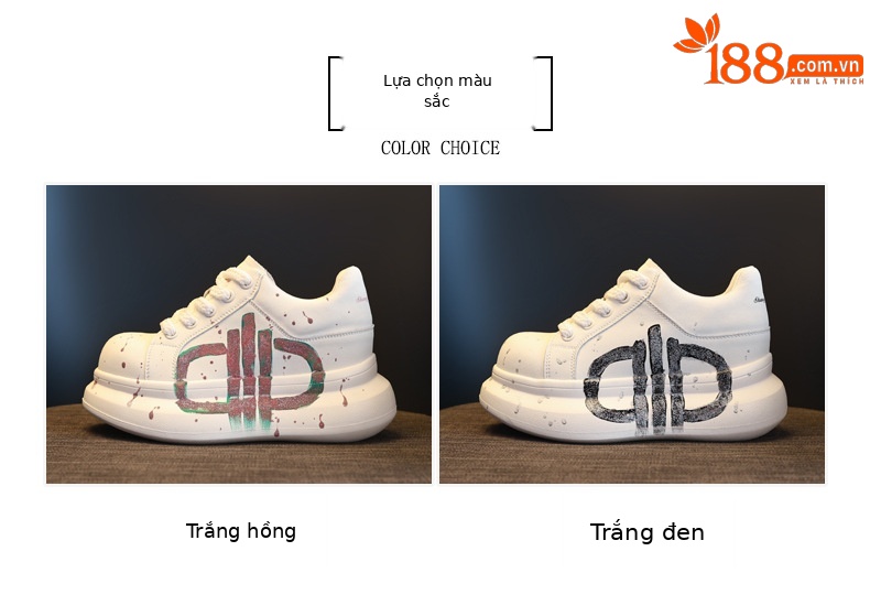 Giày sneaker nữ đế dày tăng chiều cao phong cách graffiti trắng hồng — Trắng hồng chi tiết 2