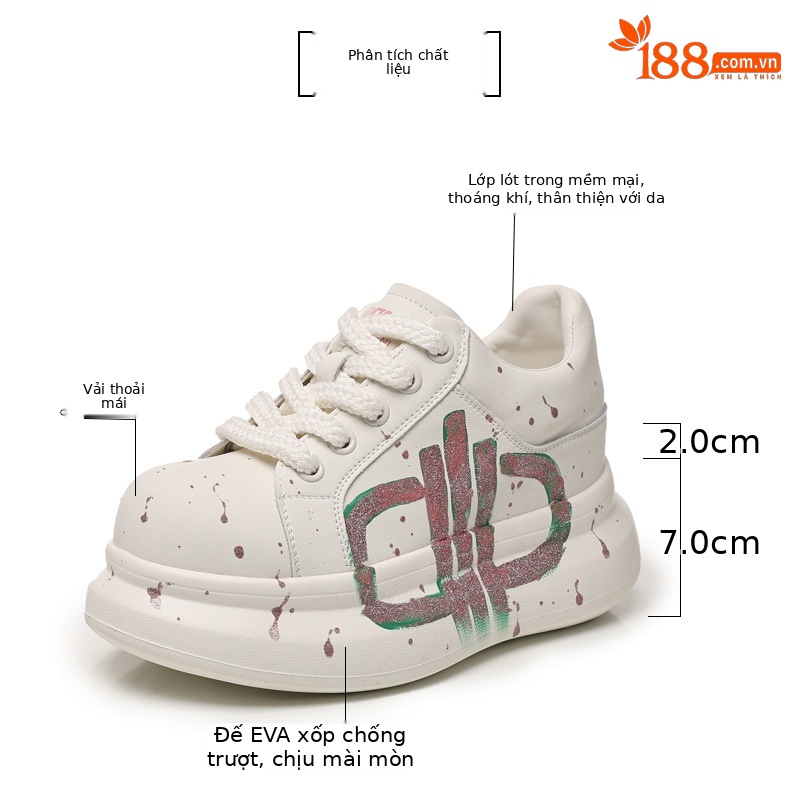 Giày sneaker nữ đế dày tăng chiều cao phong cách graffiti trắng hồng — Trắng hồng chi tiết 3