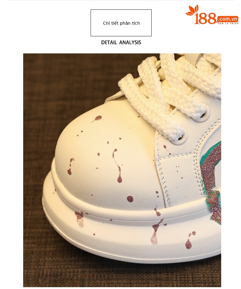 Giày sneaker nữ đế dày tăng chiều cao phong cách graffiti trắng hồng — Trắng hồng chi tiết 7