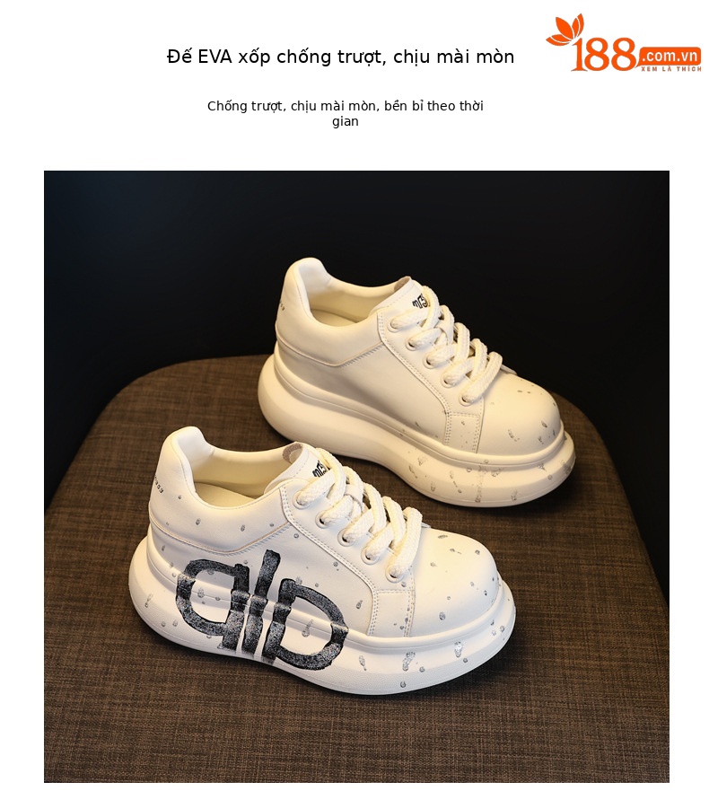 Giày sneaker nữ đế dày tăng chiều cao phong cách graffiti trắng hồng — Trắng hồng chi tiết 10
