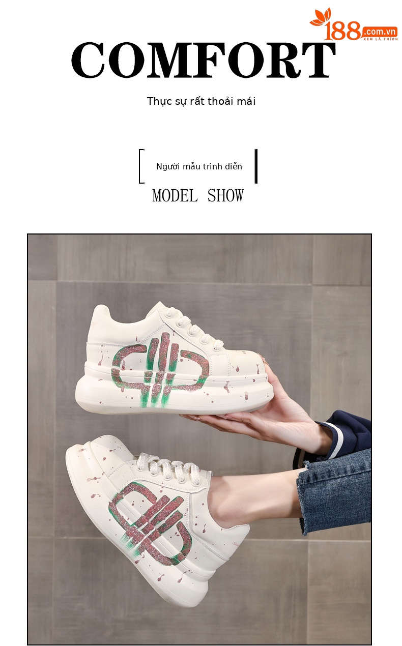 Giày sneaker nữ đế dày tăng chiều cao phong cách graffiti trắng hồng — Trắng hồng chi tiết 11