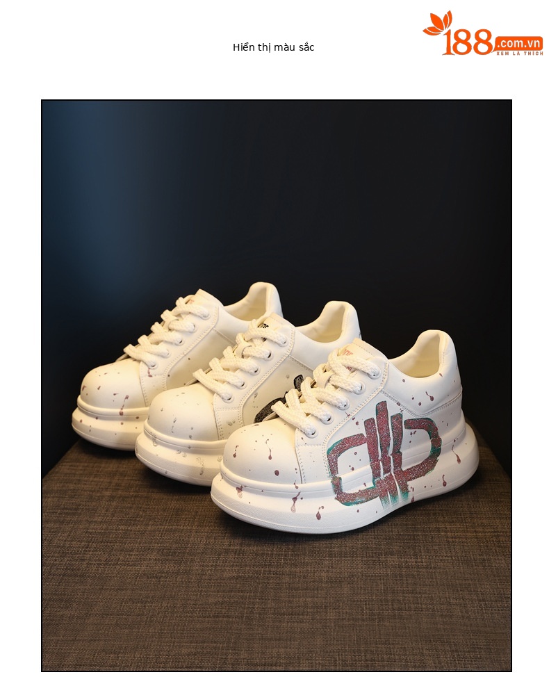 Giày sneaker nữ đế dày tăng chiều cao phong cách graffiti trắng hồng — Trắng hồng chi tiết 18
