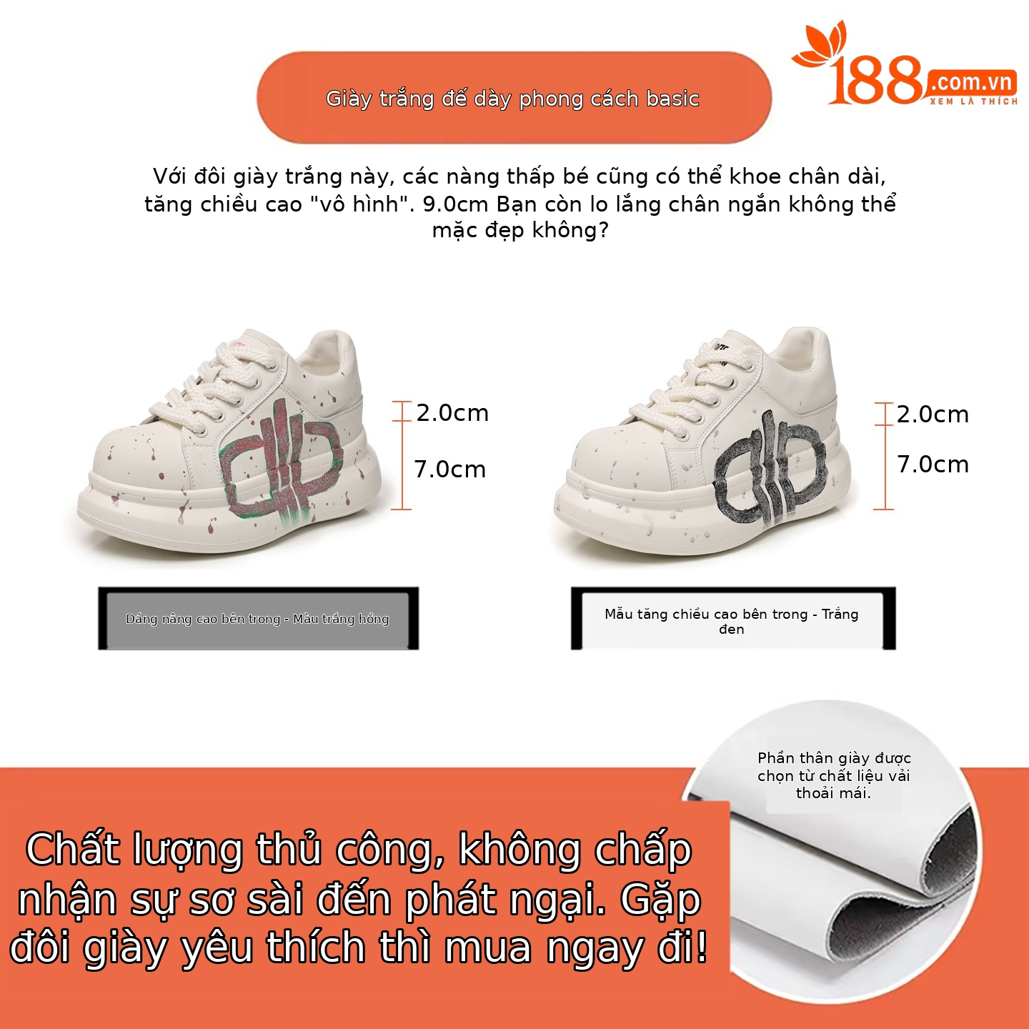 Giày sneaker nữ đế dày tăng chiều cao phong cách graffiti trắng hồng — Trắng hồng