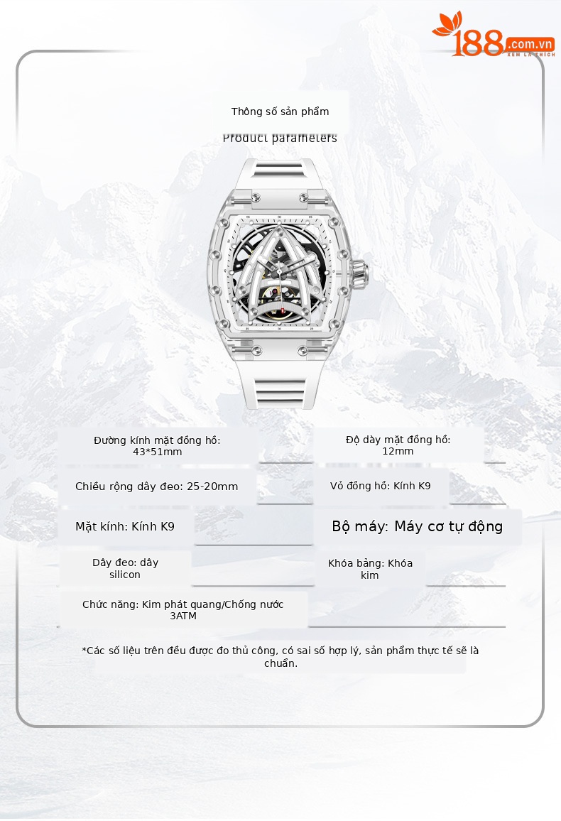 Đồng hồ nam automatic skeleton lộ máy mặt kính acrylic phát quang chi tiết 5