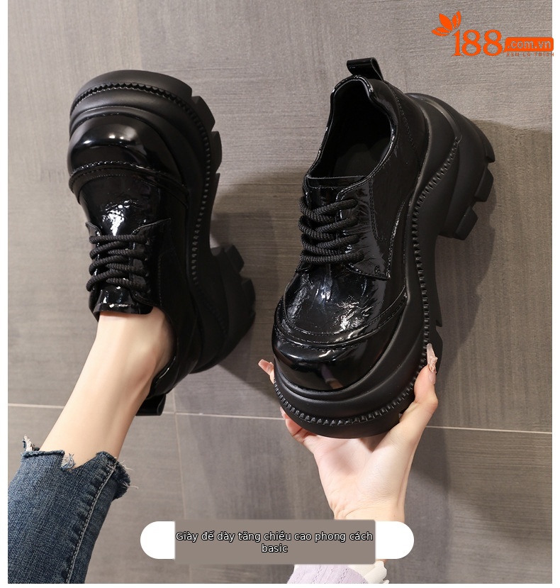 Giày sneaker nữ đế dày tăng chiều cao phong cách Anh Quốc mũi to — màu đen chi tiết 1