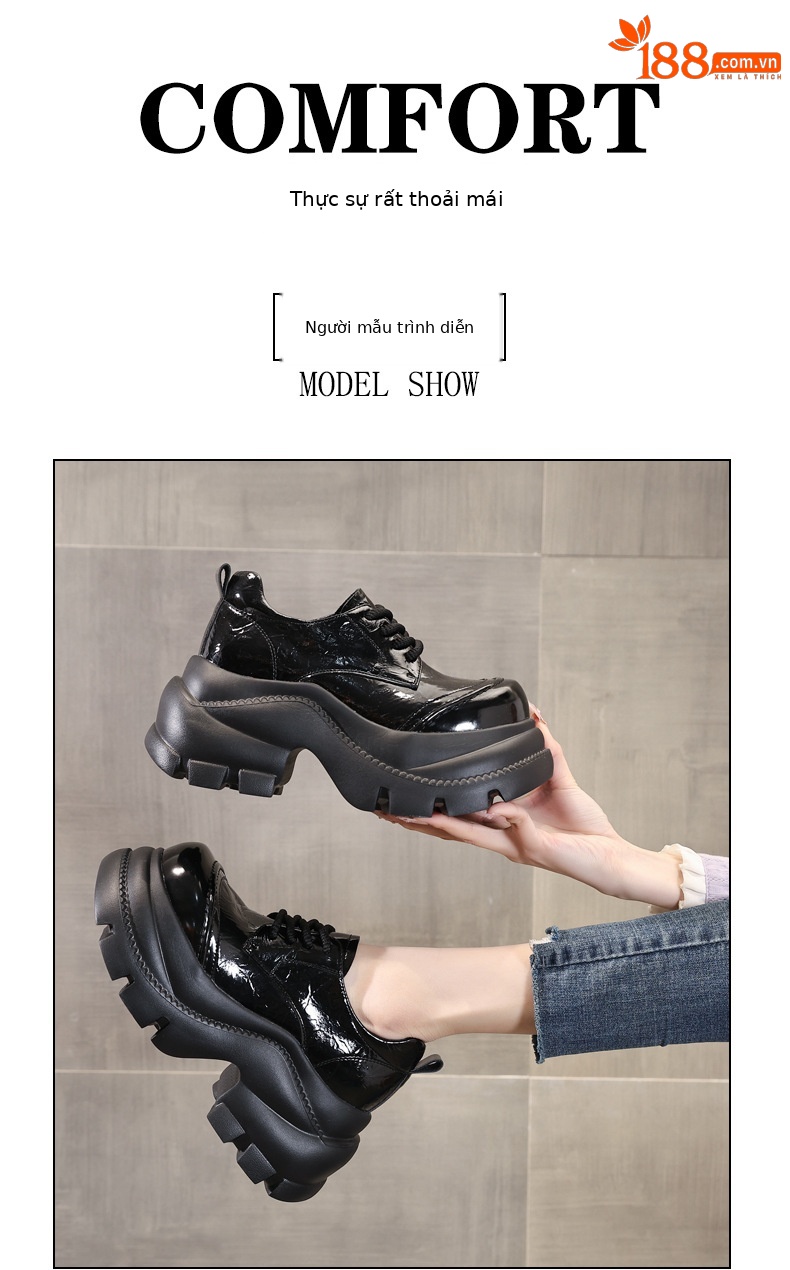 Giày sneaker nữ đế dày tăng chiều cao phong cách Anh Quốc mũi to — màu đen chi tiết 7
