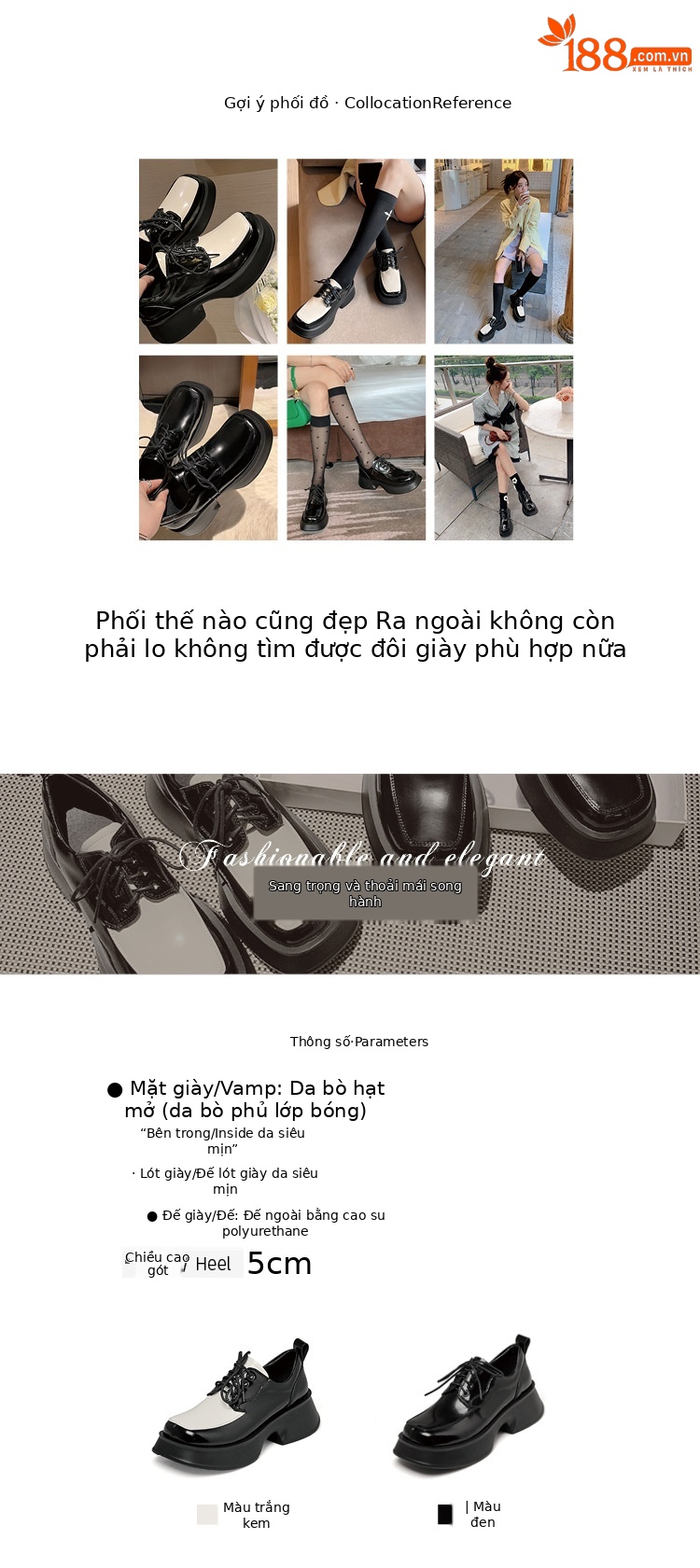 Giày loafer nữ đế xuồng platform da thật buộc dây phối màu đen trắng — màu đen chi tiết 2