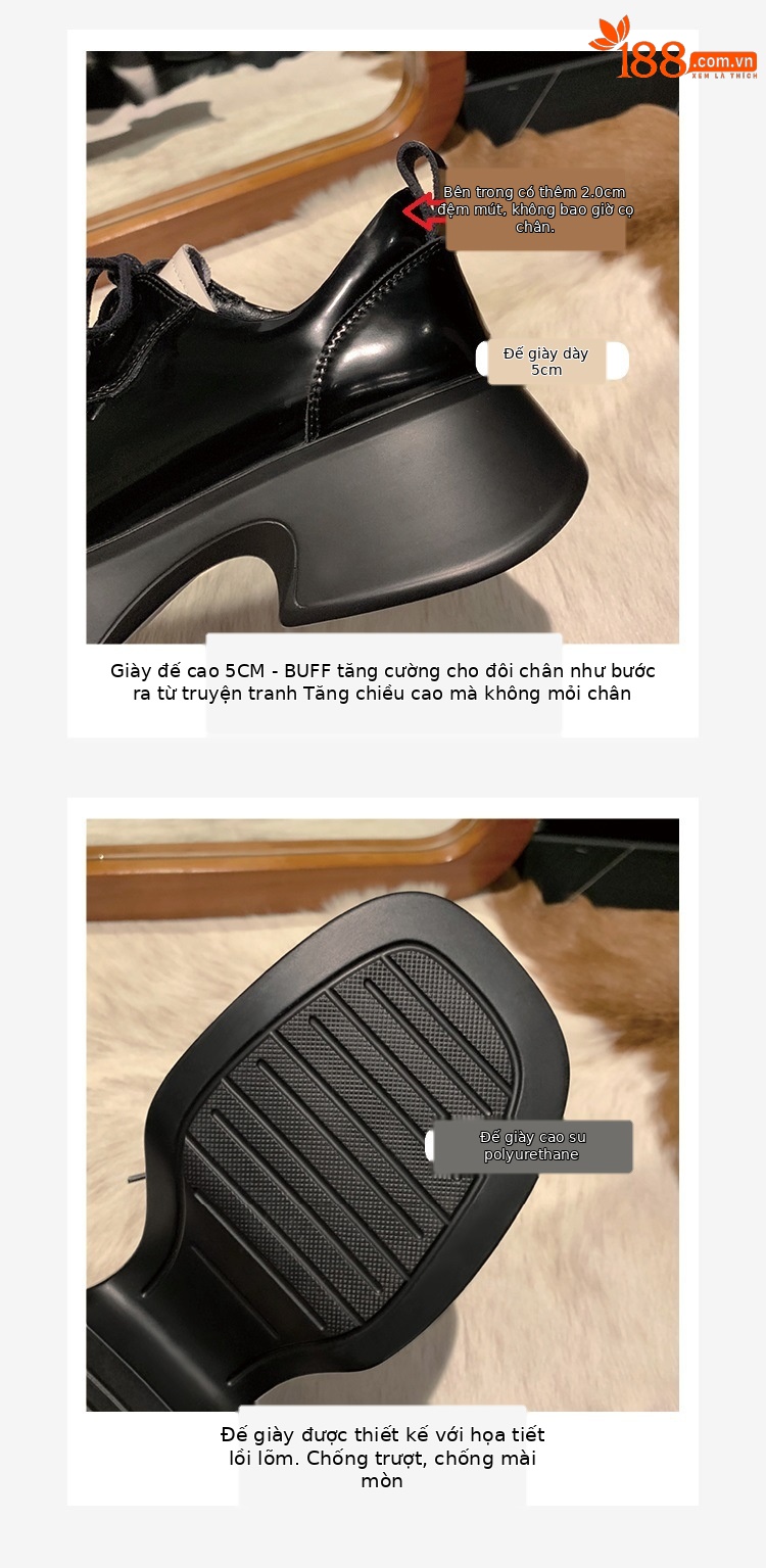 Giày loafer nữ đế xuồng platform da thật buộc dây phối màu đen trắng — màu đen chi tiết 5