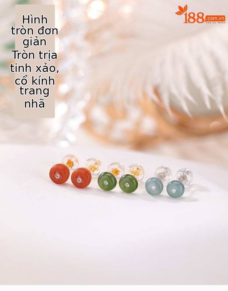 Bông tai bạc S925 mạ vàng đính đá ngọc bích tròn nhỏ tinh tế — Ngọc bích chi tiết 1