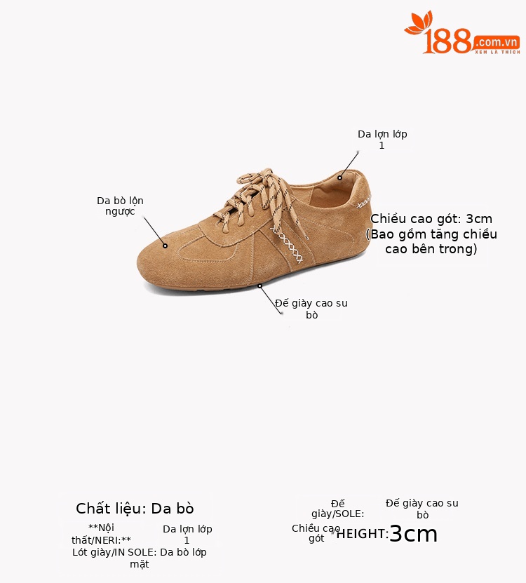 Giày sneaker nữ cổ điển mũi tròn chất liệu da lộn, đế tăng chiều cao, dây buộc — màu nâu chi tiết 2