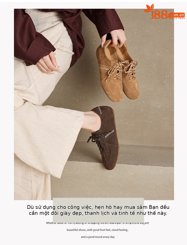 Giày sneaker nữ cổ điển mũi tròn chất liệu da lộn, đế tăng chiều cao, dây buộc — màu nâu chi tiết 4