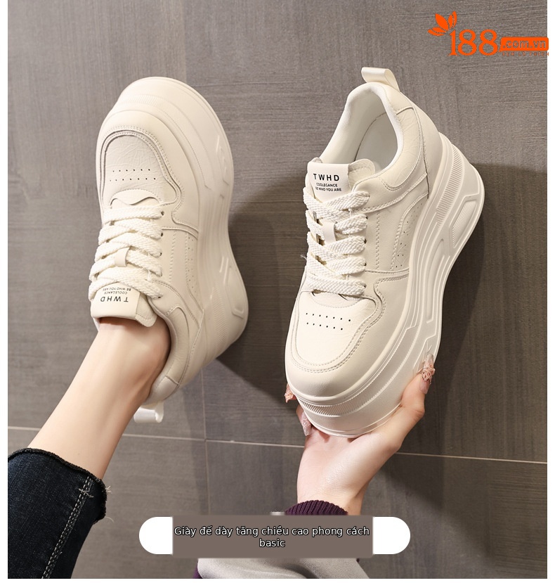 Giày sneaker nữ đế dày tăng chiều cao, phong cách thời trang đa năng — màu be chi tiết 1