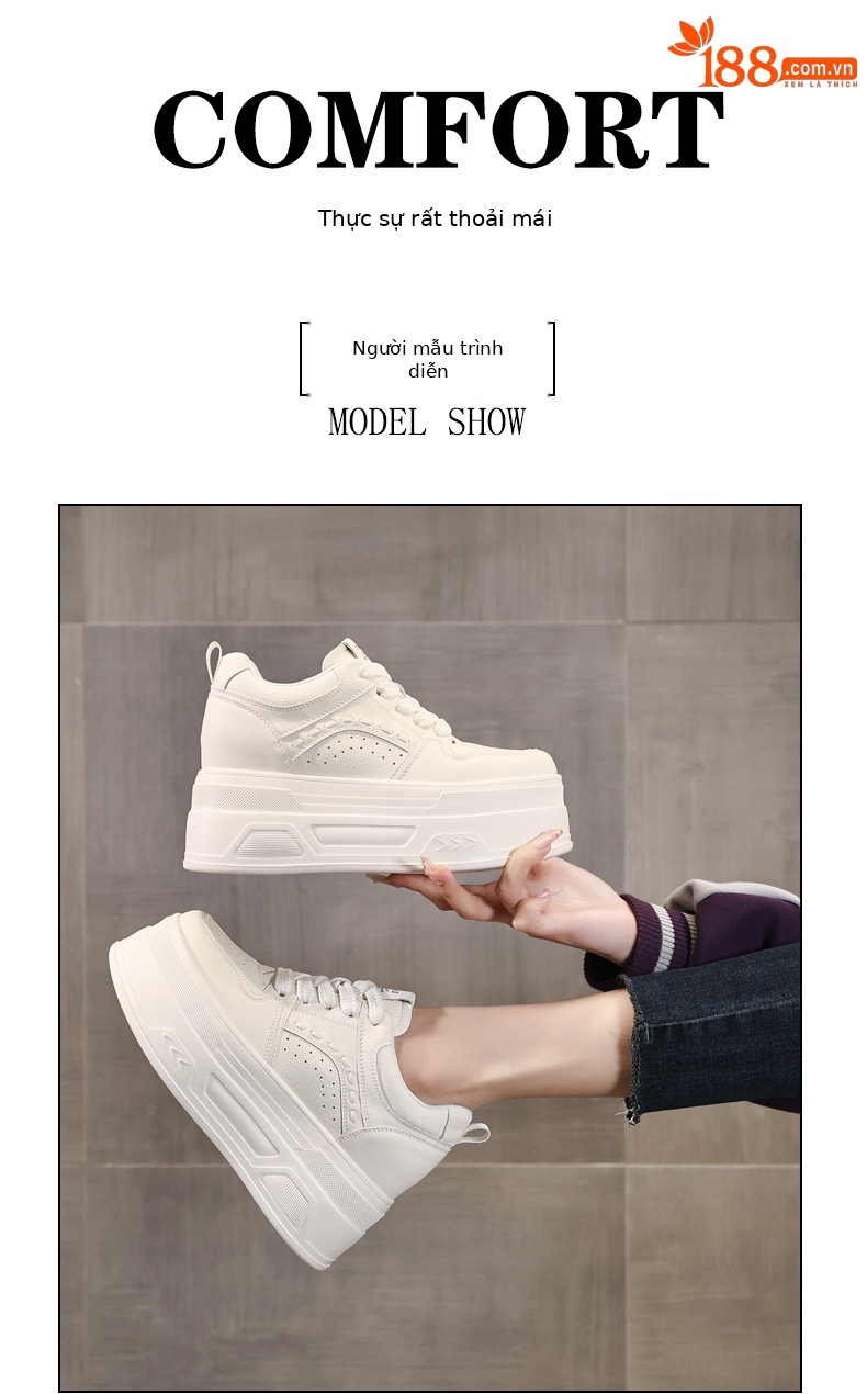 Giày sneaker nữ đế dày tăng chiều cao, phong cách thời trang đa năng — màu be chi tiết 9