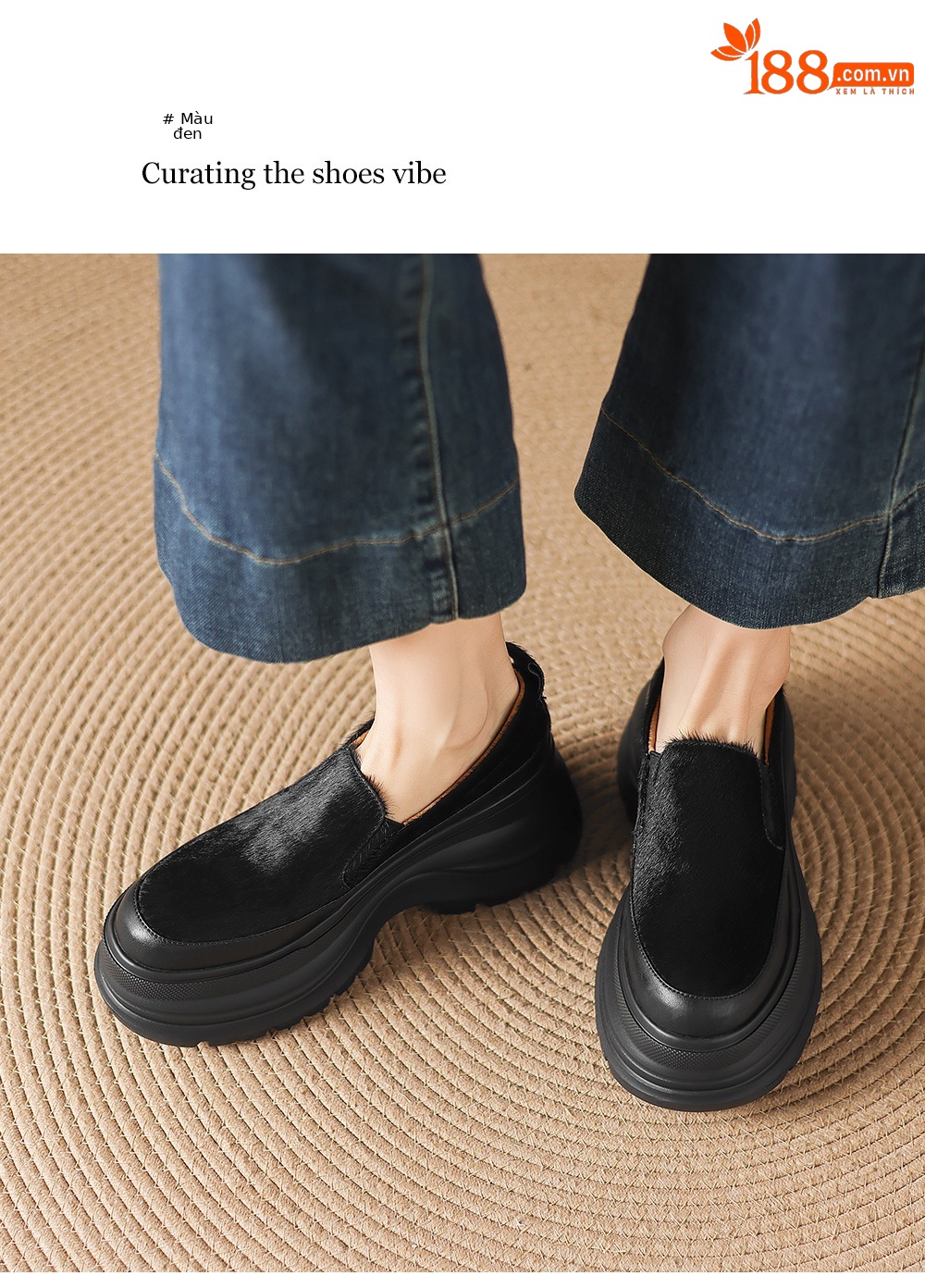 Giày loafer nữ đế xuồng platform da lông ngựa gót 7.5 cm — màu đen, màu mơ chi tiết 10