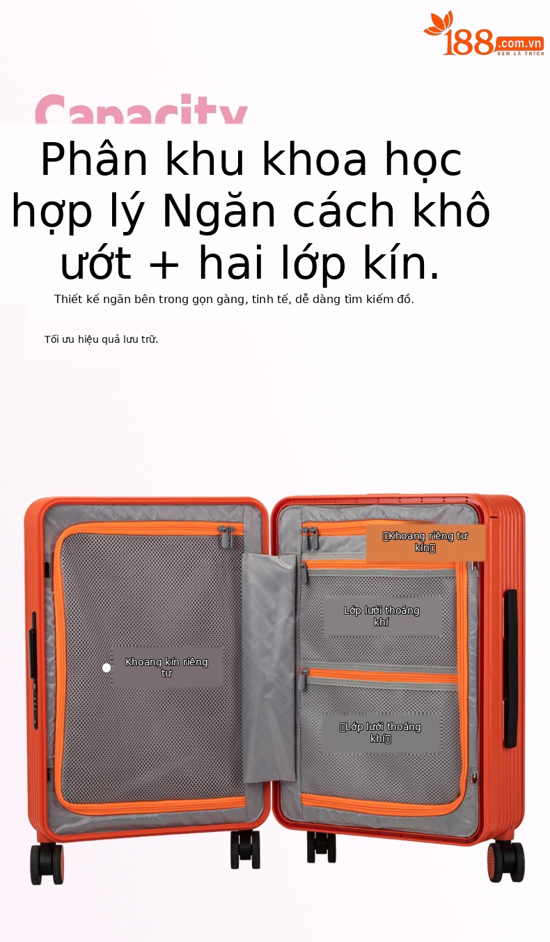 Vali nhựa PC chịu lực bánh xe xoay 360 độ, chống rơi vỡ, có ngăn đựng laptop — Injection Molding PC Double vách ngăn với túi lưới màu cam chi tiết 13