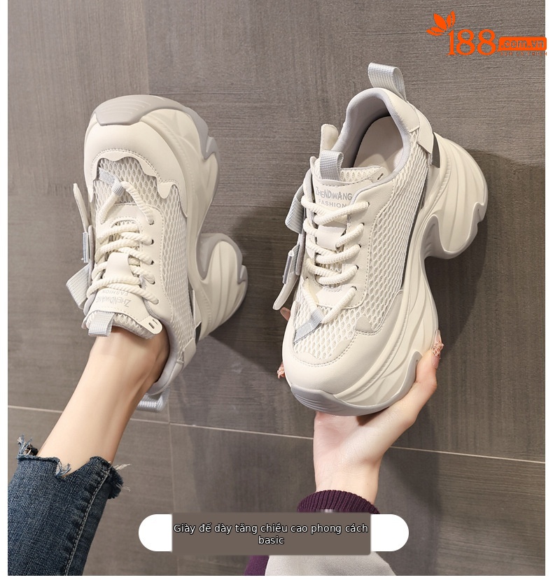 Giày sneaker nữ đế dày tăng chiều cao 11cm, phong cách daddy, lưới thoáng khí — màu đen chi tiết 1