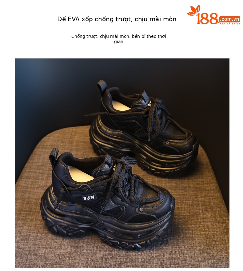 Giày sneaker nữ đế dày tăng chiều cao phong cách daddy chunky — màu đen chi tiết 9