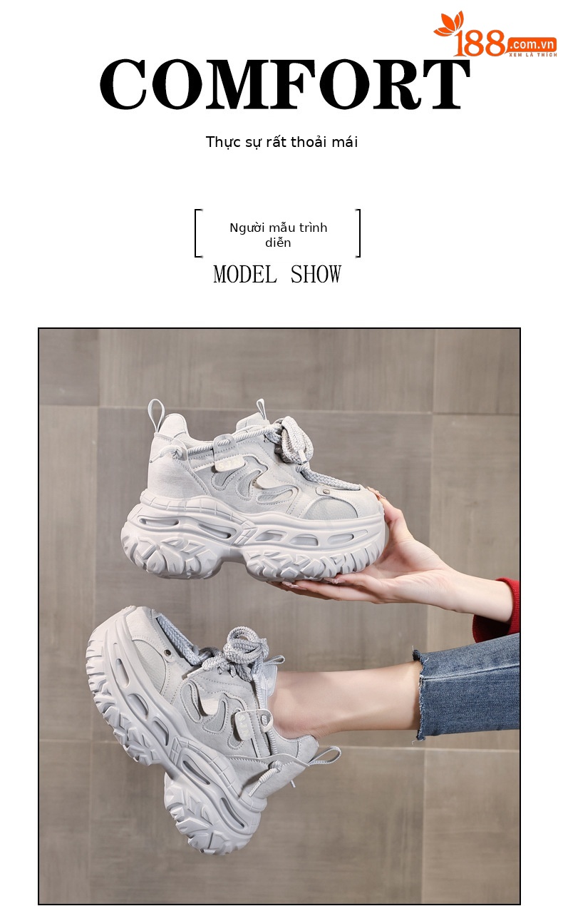 Giày sneaker nữ đế dày tăng chiều cao phong cách daddy chunky — màu đen chi tiết 10