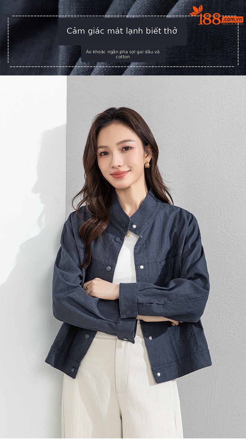 Áo khoác nữ dáng dài cổ đứng tay dài phong cách Hàn Quốc chất liệu ramie cotton thoáng mát — Xám xanh chi tiết 1