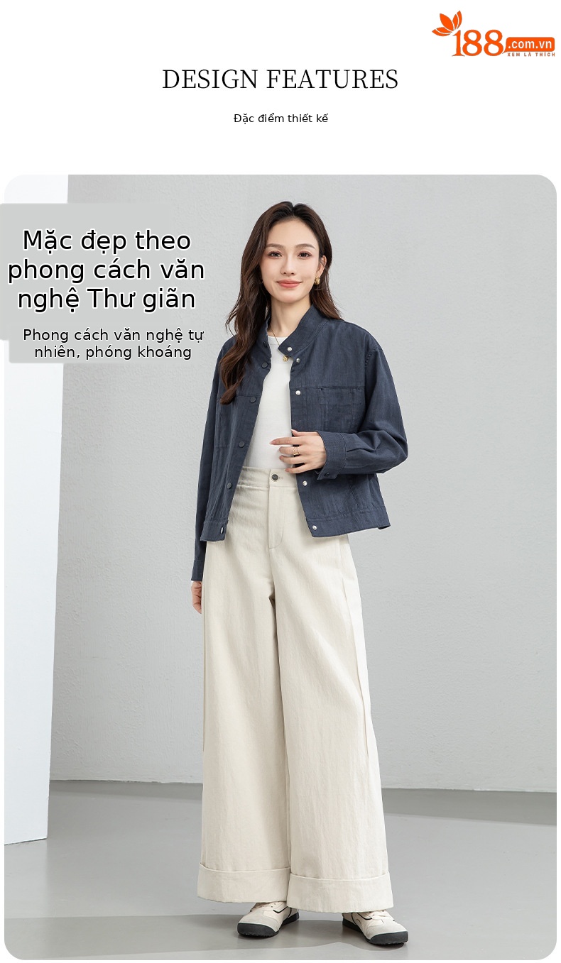 Áo khoác nữ dáng dài cổ đứng tay dài phong cách Hàn Quốc chất liệu ramie cotton thoáng mát — Xám xanh chi tiết 4