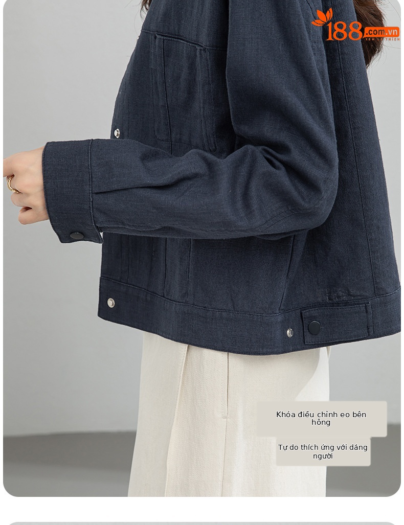Áo khoác nữ dáng dài cổ đứng tay dài phong cách Hàn Quốc chất liệu ramie cotton thoáng mát — Xám xanh chi tiết 6